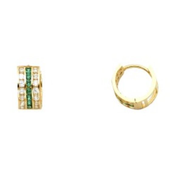 14K Gold Clear & Green CZ Huggie Hoop Earrings